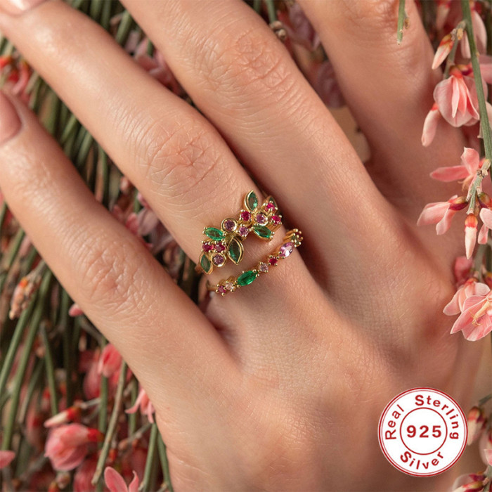 S925 Sterling Silver Creative Colorful Marquise Zircon Ring Wedding Ring Korean Style Stone-Inlaid High-end Summer...