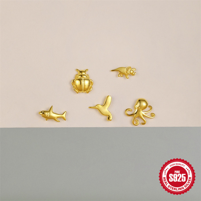 New S925 Sterling Silver Animal Series Ear Jewelry Fashion Cute Mini Ocean Flat Head Threaded Piercing Ear Bone Stud