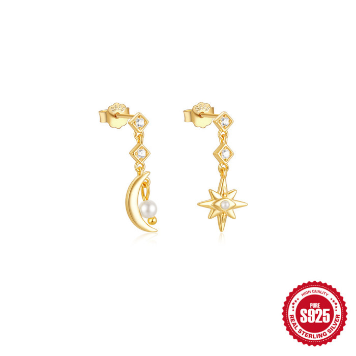 S925 Sterling Silver Heart Four-Pointed Star Inlaid Diamond Earrings Fashionable Hot-Selling Asymmetric Elegant Versatile Accessories