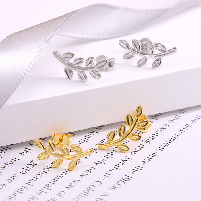 S925 Sterling Silver Leaf Earrings INS Style Personality Versatile Student Stud Earrings Creative Forest Style Leaf Earrings