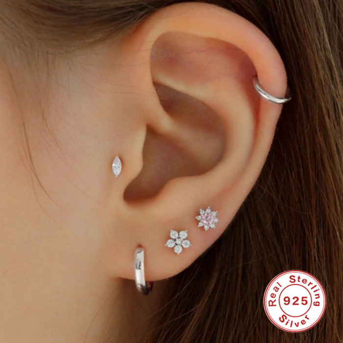 S925 Sterling Silver Korean Style Horse Eye Diamond Stud Earrings European and American Hot Selling INS Personality Flat Head Threaded Piercing Cartilage Stud Earrings