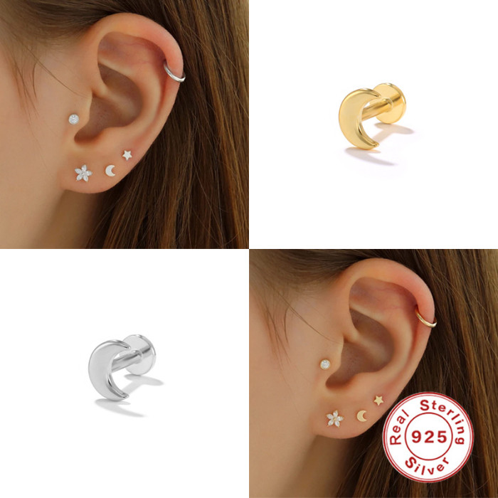 S925 Sterling Silver INS Simple Moon Smooth Piercing Earrings New Hot-Selling Flat Head Threaded Piercing Cartilage Studs