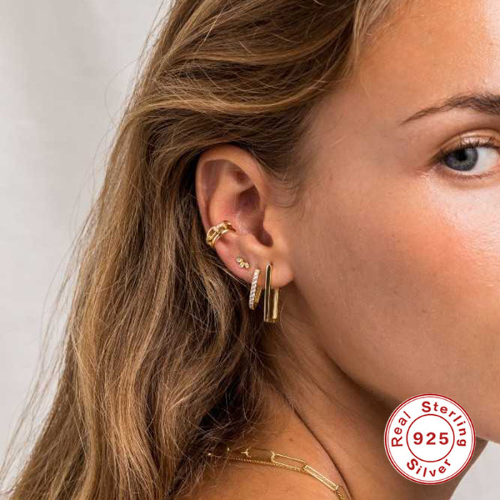 S925 Sterling Silver Ear Cuff Hoop Earrings for Women Ins Style Hollow Rectangle Minimalist Earrings Elegant Personality Geometric Earrings