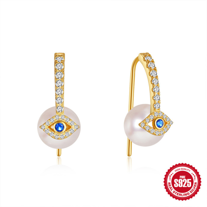 New 925 Sterling Silver Pearl Devil's Eye Earrings Ear Hooks European and American Hot Selling Diamond-encrusted High-end Design Earrings for Women