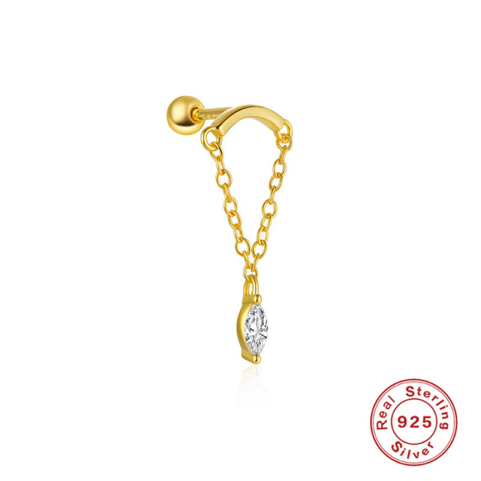 S925 Sterling Silver Diamond-Studded Tassel Chain Threaded Piercing Ear Bone Stud European and American Trendy Personality INS Style Earrings Ear Jewelry