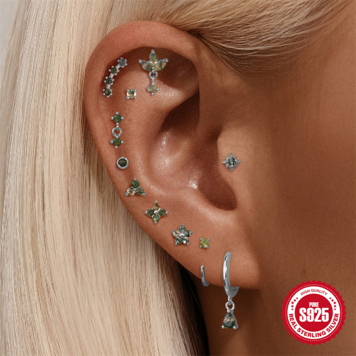 New S925 Sterling Silver Geometric Inlaid Diamond Natural Moss Agate Flat Head Threaded Piercing Ear Bone Stud European and American Hot-Selling Model