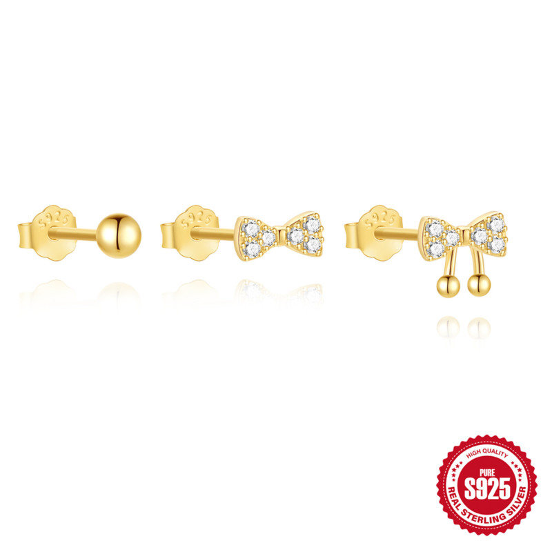 S925 Sterling Silver Minimalist Round Ball Bowknot Inlaid Diamond Earrings Set Korean Version Niche Design Sense Elegant Earrings
