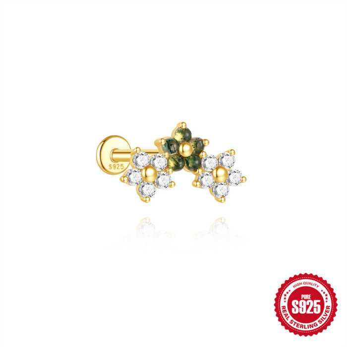 S925 Sterling Silver Natural Aquatic Agate Butterfly Inlaid Diamond Flat Head Threaded Piercing Ear Bone Stud Cross-Border Hot-Selling Ear Jewelry