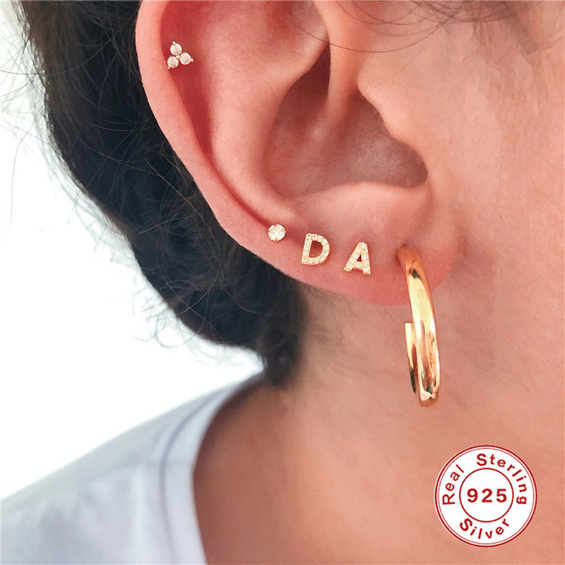 S925 Sterling Silver INS Minimalist Diamond Initial Letter Stud Earrings European and American Bestselling Personality 26 Letter Earrings for Women