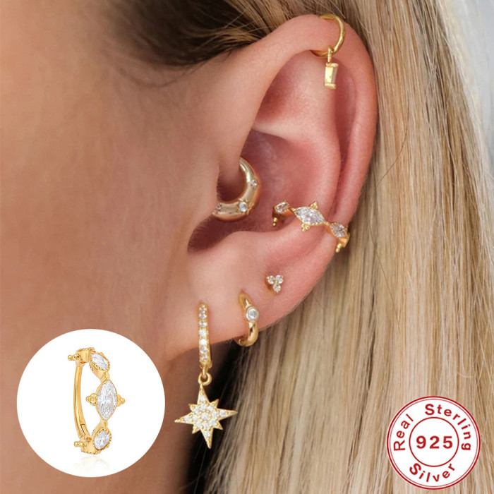 S925 Sterling Silver INS Geometric Horse Eye Inlaid Diamond Versatile Soft Bone Earrings Hoop European and American Cross-Border Hot-Selling Creative Ear Jewelry