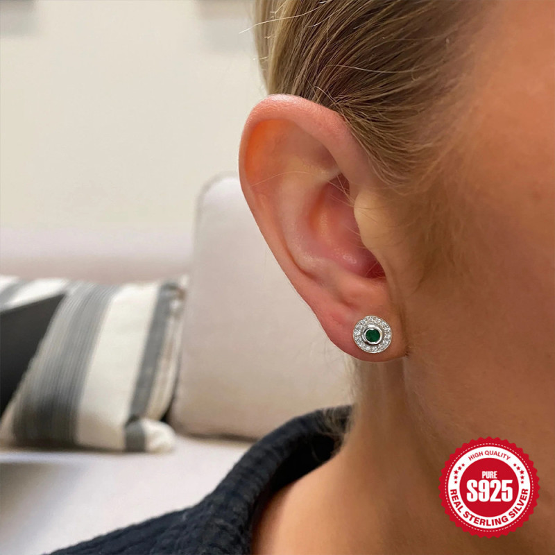 S925 Sterling Silver Emerald Stud Earrings for Women Versatile Light Luxury Petite Exquisite Light Luxury Diamond-Encrusted Earrings Demon Eye Earrings