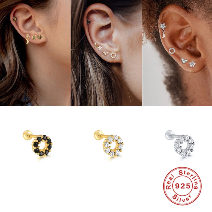 S925 Sterling Silver Single Ear Bone Stud Earrings European and American Hot Selling Micro Inlaid O-shaped Round Threaded Ear Piercing Earrings