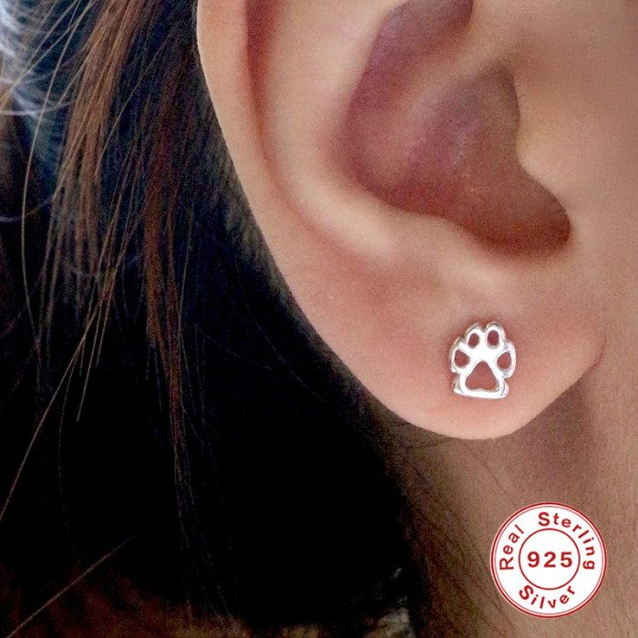 S925 Sterling Silver Animal Dog Cat Paw Stud Earrings Amazon Hot Sale Fashion Simple Personality Stud Earrings for Women
