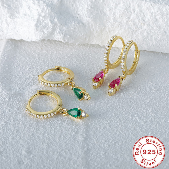 S925 Sterling Silver INS Style Colorful Water Drop Inlaid Diamond Hoop Earrings European and American Hot-Selling French Style Elegant Earrings