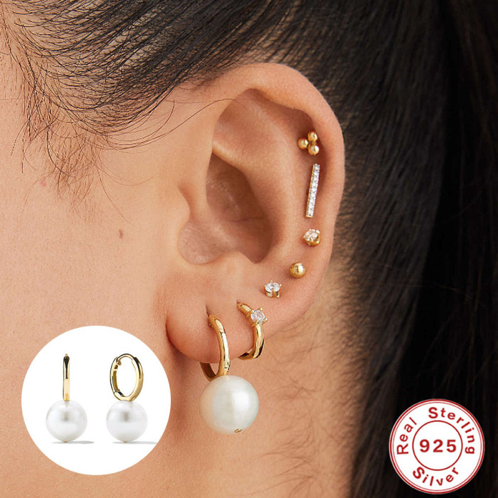 S925 Sterling Silver Vintage Pearl Hoop Earrings Trendy Hot-Selling Light Luxury Elegant Niche High-End Earrings for Women