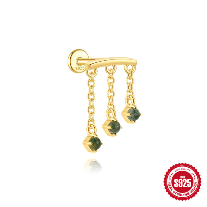 S925 Sterling Silver Natural Aquatic Agate Inlaid with Diamonds Tassel Flat Head Threaded Piercing Ear Bone Stud European and American Hot-Selling Ear Jewelry