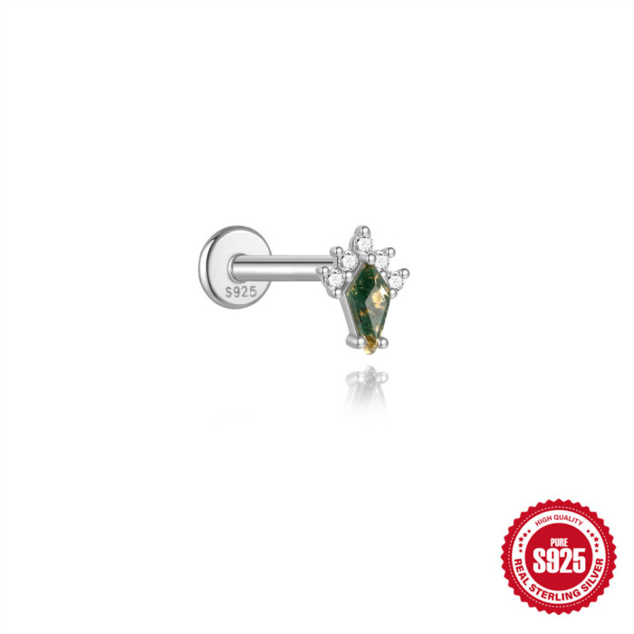 New S925 Sterling Silver Geometric Inlaid Diamond Natural Moss Agate Flat Head Threaded Piercing Ear Bone Stud European and American Hot-Selling Model