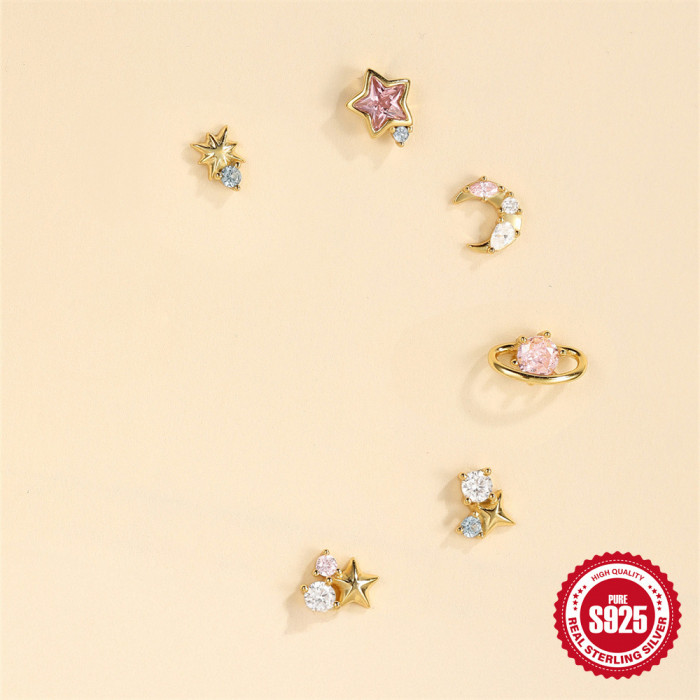 New 925 Sterling Silver Starry Sky Colorful Diamond Earrings Set European and American Cross-Border Hot Selling Diamond-Studded Light Luxury INS Style Earrings