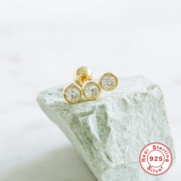 S925 Sterling Silver Three-Piece Diamond-Studded Threaded Piercing Ear Bone Stud European and American Foreign Trade Hot-Selling Screw Ball Piercing Ear Jewelry