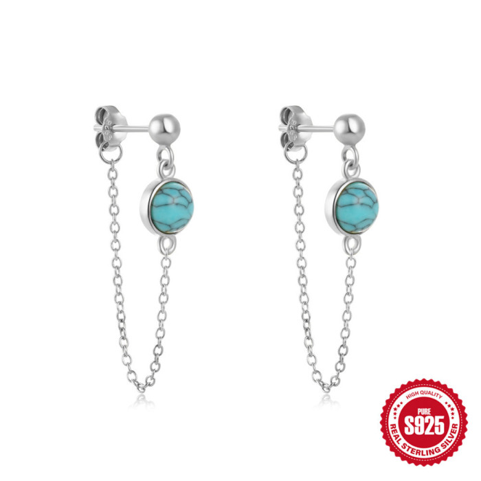 New 925 Sterling Silver Round Bead Tassel Turquoise Earrings Ear Thread Ear Studs European and American Hot Selling French Style Elegant Earrings