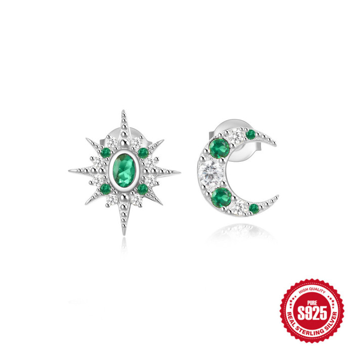 New 925 Sterling Silver Eight-Pointed Star Moon Flower Inlaid Diamond Asymmetric Stud Earrings European and American Summer Hot-Selling Earrings