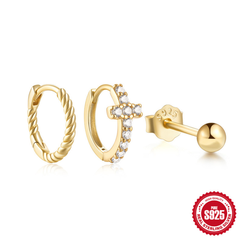 S925 Sterling Silver Cross Round Bead Inlaid Diamond Hoop Earrings Ear Clips Ear Studs AliExpress Bestselling Fashionable Elegant Earring Set
