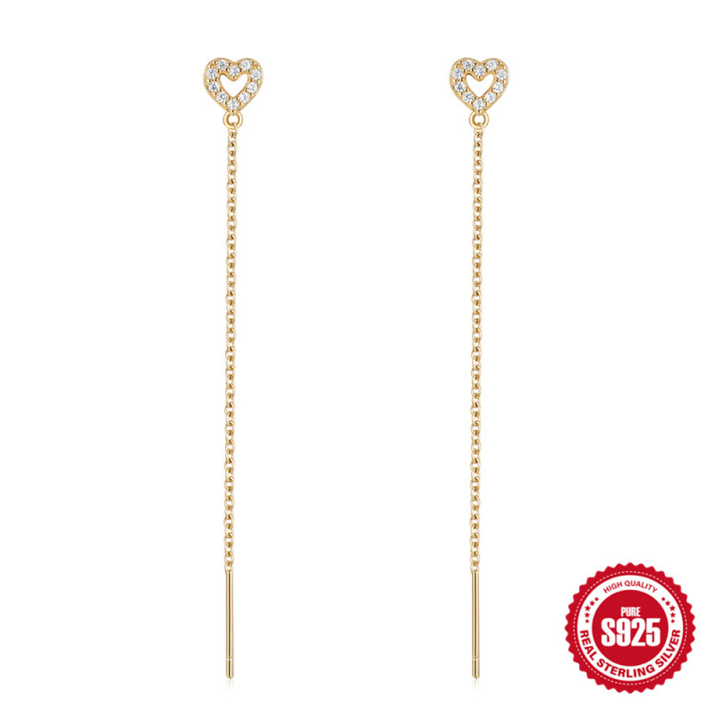 S925 Sterling Silver Heart-Shaped Diamond-Studded Chain Tassel Ear Thread Earrings Korean Version Hot-Selling Light Luxury Elegant Fairy Earrings
