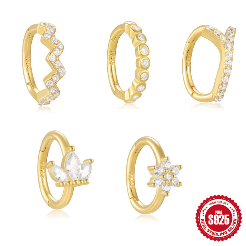 S925 Sterling Silver Flower Wave-Shaped Diamond-Studded Cartilage Earrings Nose Ring Piercing Jewelry European and American Hot-Selling Crown Ear Bone Stud