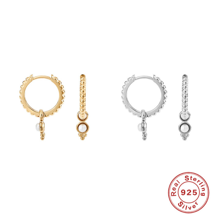 S925 Sterling Silver Classic Dot Hoop and Pearl Pendant Earrings Korean Style Internet Celebrity Retro Evening Wear Earrings