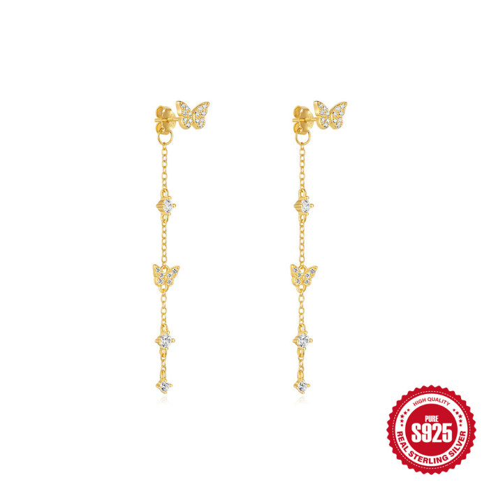 S925 Silver Geometric Butterfly Clover Tassel Versatile Layered Earrings European and American Hot Selling Diamond-Encrusted Light Luxury Ear Jewelry