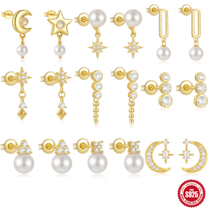 S925 Sterling Silver Star Moon Pearl Moonstone Inlaid Diamond Earrings Stud Earrings European and American Hot-Selling Elegant Earrings for Women