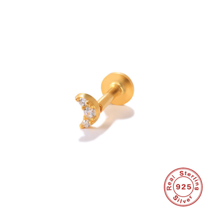 S925 Sterling Silver Moon Inlaid Diamond Piercing Ear Cuff Earrings European and American Hot Selling INS Flat Head Threaded Piercing Cartilage Stud Earrings