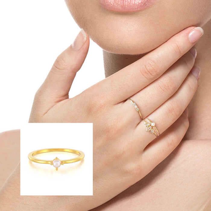 S925 Sterling Silver Single Mini Pearl Ring European and American Hot Selling Fashion Ins Style Simple Engagement Ring Tail Ring for Women