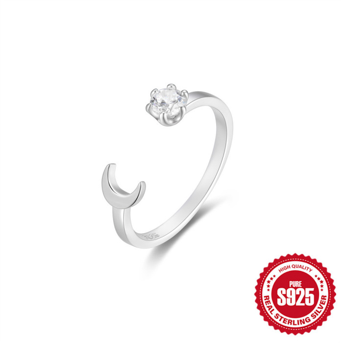New S925 Sterling Silver Versatile Inlaid Diamond Star Moon Open Ring Korean and Japanese Niche Design Index Finger Ring