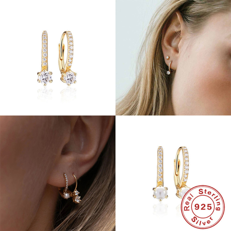 S925 Sterling Silver Circle Inlaid Diamond Hoop Earrings U-Shaped Elegant Earrings Studs European and American Style Exaggerated INS Style Earrings