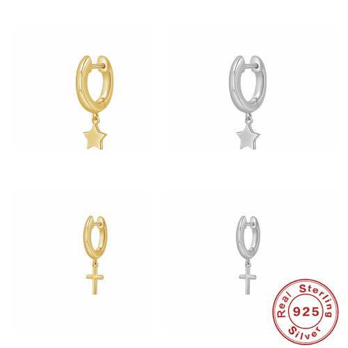 S925 Sterling Silver Minimalist Smooth Surface Pentagram Cross Pendant Earrings Hoop Korean Style Niche High-end Earrings for Women