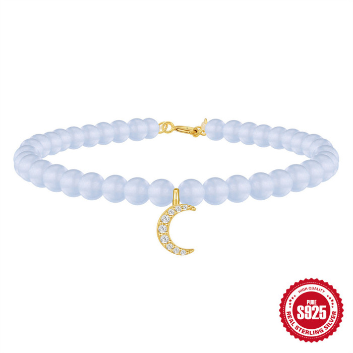 New 925 Sterling Silver Aquamarine Chalcedony Handmade Beaded Bracelet European and American French Style Inlaid with Diamonds DIY Accessories Christmas Jewelry