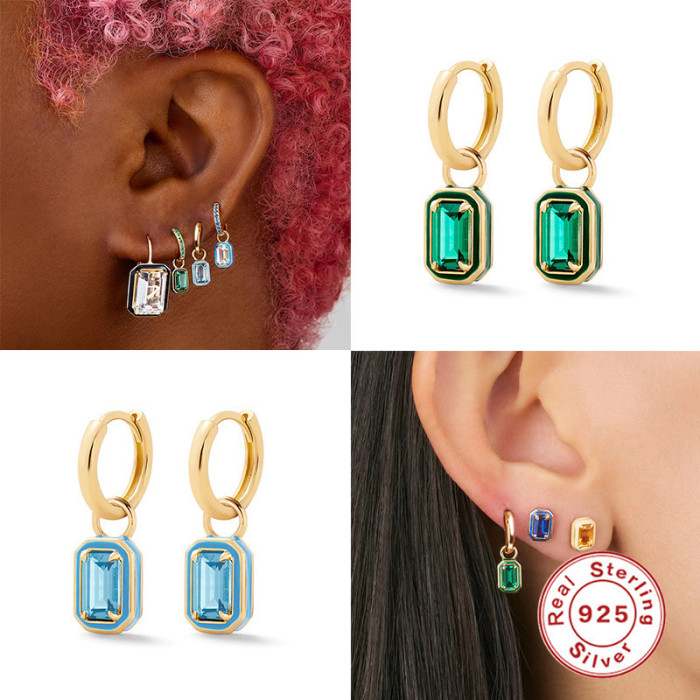 S925 Sterling Silver Creative Hoop Earrings INS Square Cocktail HUGGY Colorful Enamel Earrings European and American Hot-Selling Ear Jewelry