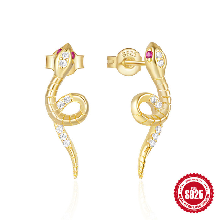 New 925 Sterling Silver Colored Diamond Snake-shaped Earrings Studs European and American Personality Creative Temperament Micro-inlaid Zircon Full Diamond Earrings