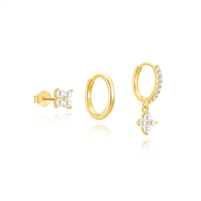 New S925 Sterling Silver Classic Elegant Flower Pearl Earrings High-end Fashion Versatile Three-piece Earring Set, Je...