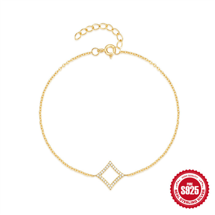 S925 Sterling Silver Trendy Creative Full Diamond Geometric Rhombus Bracelet for Women European and American Fashion Elegant Versatile Simple Jewelry
