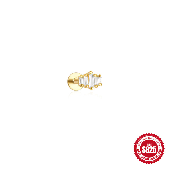 S925 Sterling Silver Geometric Square Cluster Diamond Flat Head Threaded Cartilage Piercing Earrings for Women European and American Hot Selling Ear Bone Studs