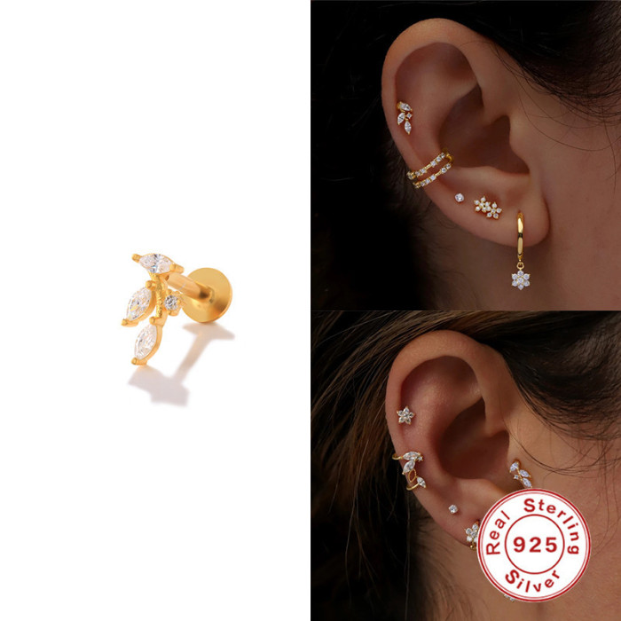 New S925 Sterling Silver Branch Inlaid Diamond Threaded Piercing Soft Bone Earrings European and American Hot Sale INS Personality Small Ear Bone Studs