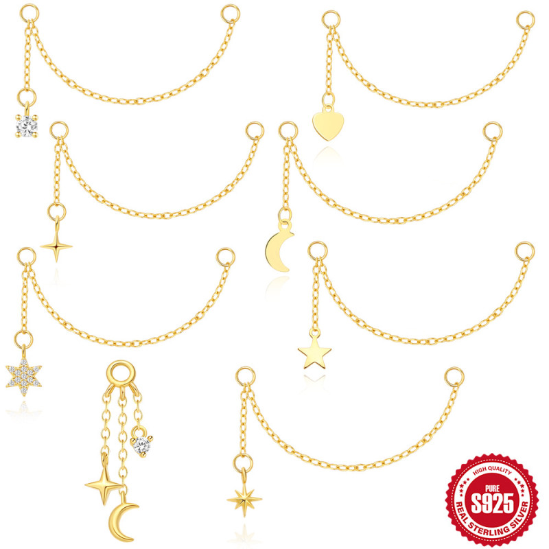 New S925 Sterling Silver Five-Pointed Star Diamond-Studded Pendant Earrings Long Chain Cartilage Chain Piercing Earrings with Chain Accessories