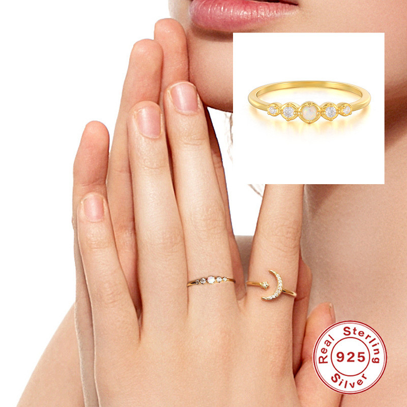 S925 Sterling Silver Single Row Opal Gemstone Inlaid Diamond Ring Japanese and Korean Fashion Simple INS Style Creative Ring