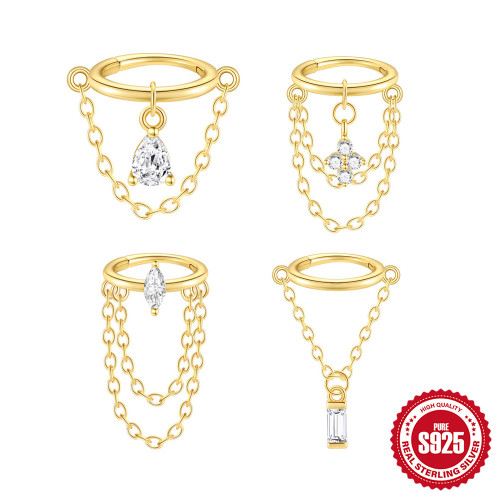 S925 Sterling Silver Geometric Stone-Inlaid Tassel Chain Cartilage Ear Hoop Piercing Ear Clip Hot-Selling Elegant E...