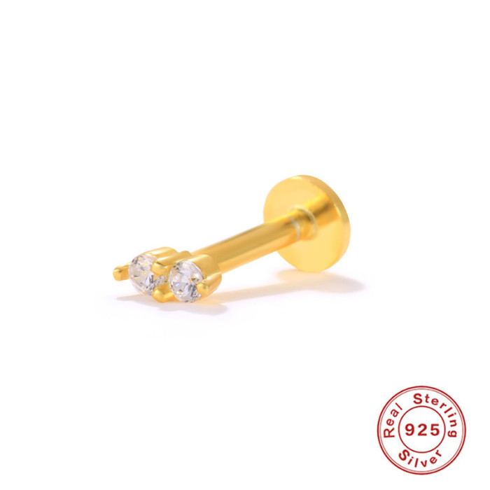 S925 Sterling Silver Two Diamond-Studded Flat Head Threaded Stud Earrings European and American Personality Trend Body Piercing Cartilage Stud Earrings