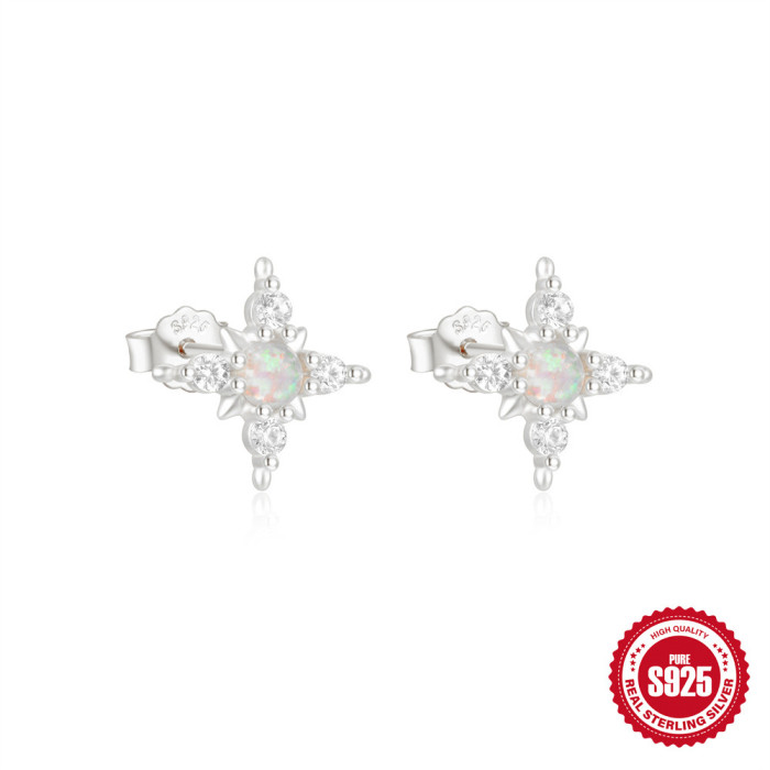 S925 Sterling Silver Eight-Pointed Star Opal Inlaid Diamond Stud Earrings for Women Heart-shaped Light Luxury Niche A...