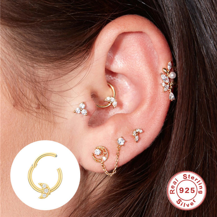 S925 Sterling Silver Moon Inlaid Diamond High-End Mini Earrings Nose Ring European and American Hot-Selling French Style INS Piercing Jewelry