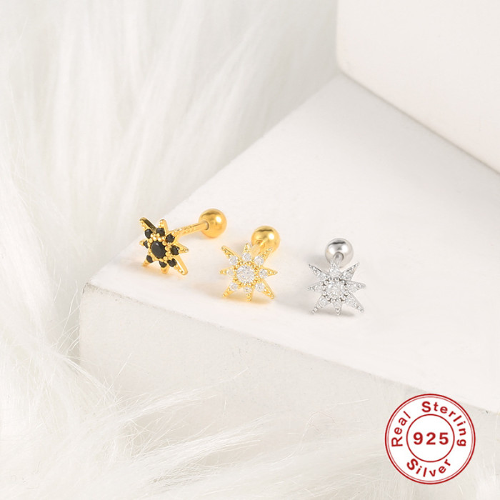 S925 Sterling Silver Single Octagonal Star Threaded Piercing Stud Earrings Cross-Border Hot Sale Fashion Simple Diamond-Studded Threaded Women's Earrings